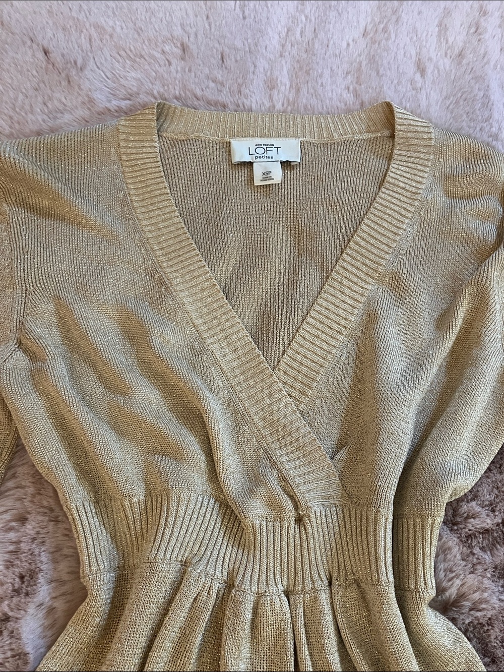 Y2k LOFT Metallic Glittery Gold V-Neck Long Sleeve Babydoll Top Blouse - Picture 3 of 7
